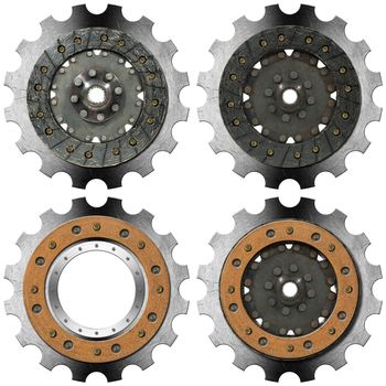 Four metal and brown gears with bolts isolated on white background