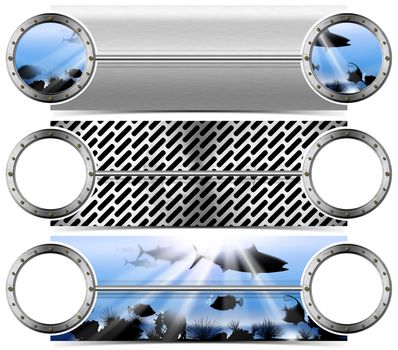 Three horizontal nautical and metallic banners or headers with portholes

