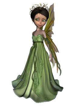 3D digital render of a cute little fairy in green dress isolated on white background
