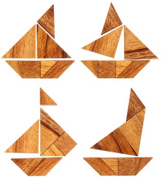 four abstract pictures of sailing boats built from seven tangram wooden pieces, a traditional Chinese puzzle game