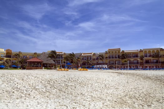 A view of a hotel resort along the beach