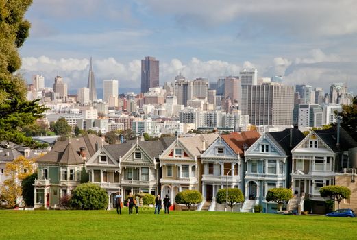 SAN FRANCISCO, USA - NOVEMBER 1, 2012: Painted Ladies in San Francisco on November 1st, 2012. It is the row of Victorian houses at Steiner Street, across from Alamo Square park. The houses were built between 1892 and 1896 by developer Matthew Kavanaugh.