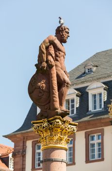 Statue of Hercules erected in 1703 in Market Square by Rathaus in old town city of Heidelberg Germany
