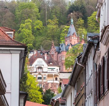 Homes and houses on the hillside above old town city of Heidelberg Germany