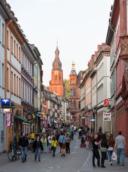 HEIDELBERG, GERMANY - APRIL 24: Tourists and locals stroll on Hauptstrasse in old town on 24 April 2013. in 2011, 149000 people lived in city