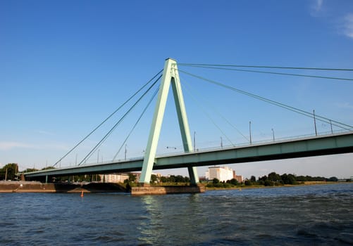 The Severinsbruecke (Severin's Bridge) spans the Rhine in Cologne, Germany