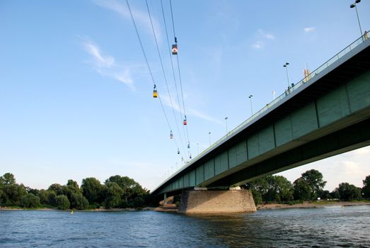 Cable cars cross the Rhine by the Zoobruecke (Zoo Bridge) in Cologne, Germany