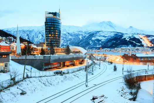 Narvik Town Square Cityscape at dusk, Norway