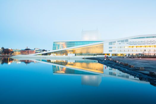 Oslo Opera House shine at dusk, morning twilight,  Norway