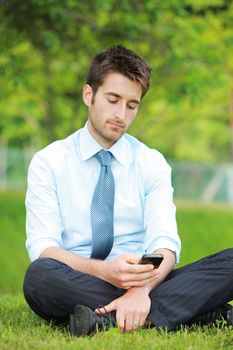 Young business man sitting on meadow using a smart phone