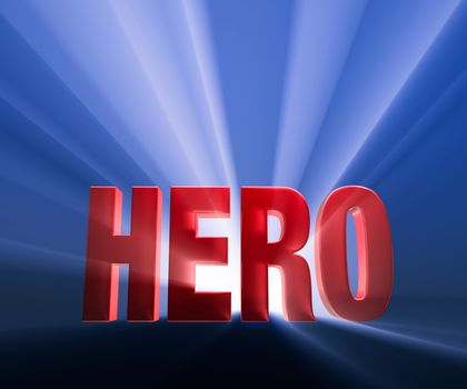 Shiny red "HERO" on dark blue background brilliantly backlit with light rays shining through.
