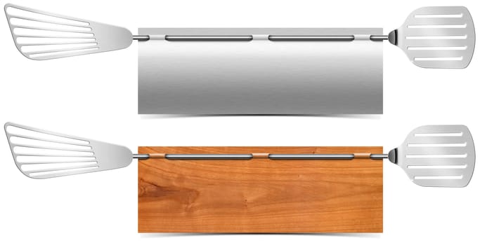 Two horizontal metallic and wooden restaurant signboards with kitchen tools

