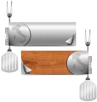 Two horizontal restaurant italian cuisine menu with blank pages, fork and spatula

