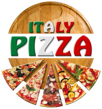 Pizza slices on the cutting board and written Italy Pizza