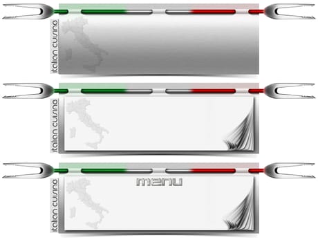 Three horizontal restaurant italian cuisine menu with blank pages and fork

