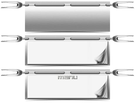 Three horizontal restaurant metal menu with blank pages and fork

