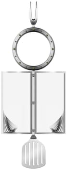 Restaurant metal menu with metal porthole, empty page with kitchen tools