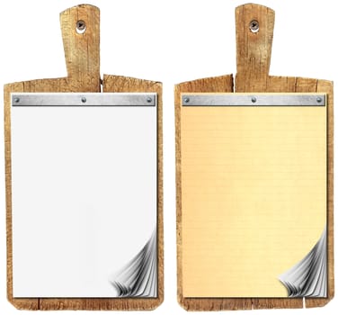 Two Notebooks for recipes or menu on used wooden cutting board
