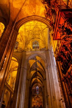 Stone Columns Seville Cathedral, Cathedral of Saint Mary of the See, Seville, Andalusia Spain.  Built in the 1500s.  Largest Gothic Cathedral in the World and Third Largest Church in the World.  Burial Place of Christopher Columbus.