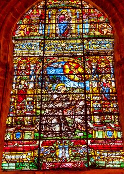 Saint Francis Stained Glass Created 1556 Seville Cathedral, Cathedral of Saint Mary of the See, Seville, Andalusia Spain.  Built in the 1500s.  Largest Gothic Cathedral in the World and Third Largest Church in the World.  Burial Place of Christopher Columbus.