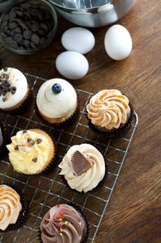 Close up of some decadent gourmet cupcakes frosted with a variety of frosting flavors.