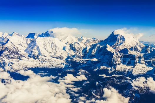 Himalaya Everest range view from mountain flight with Mt Everest and Makalu