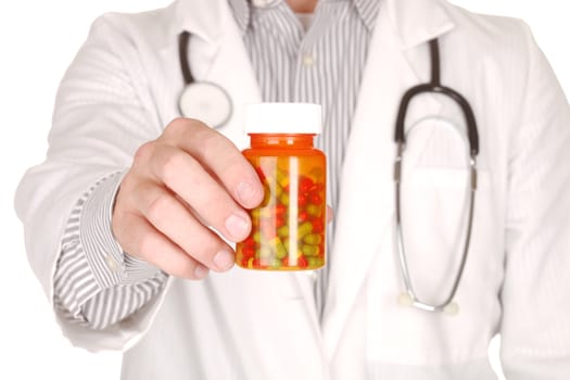 Handsome Doctor With Medication in Prescription Bottles