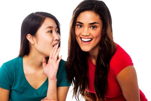 Two young girls gossiping. Asian girl sharing secret with her friend