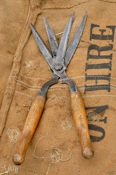 Antique shears on sack background