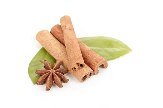 Star Anise, cinnamon and green leave isolated on white background 
