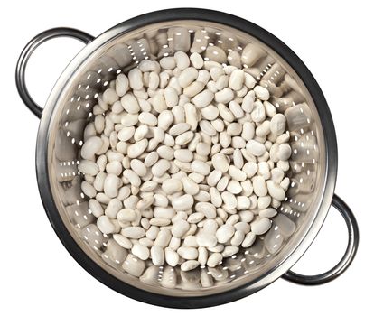White beans in a colander isolated on white background, top view
