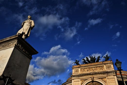 Monument to Roger Seventh and detail of Politeama Garibaldi theater, Palermo, Italy.