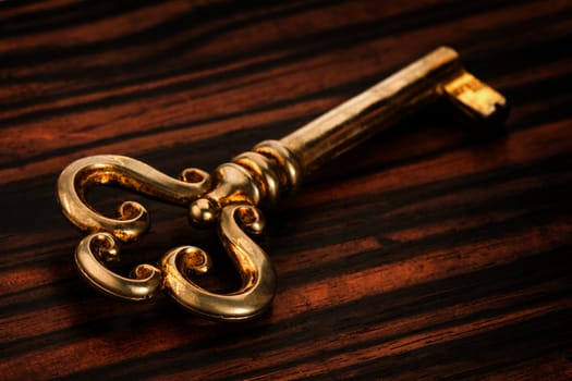 Antique golden key on a wooden background in high resolution