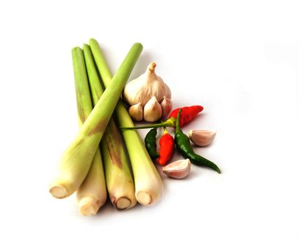 Lemongrass, garlic and pepper isolated on white background