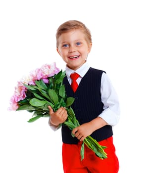 Portrait of happy schoolboy with flower. Isolated on white background