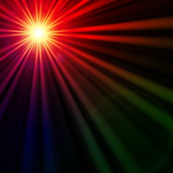 abstract star with rainbow light rays over black background, lens flare