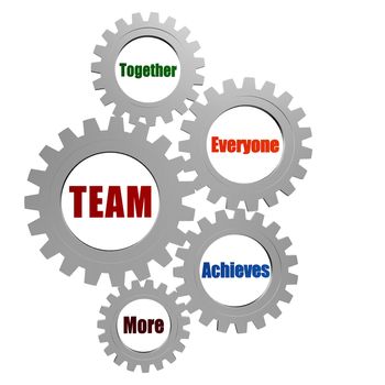 team - together, everyone, achieves, more - business concept words in 3d silver grey gearwheels