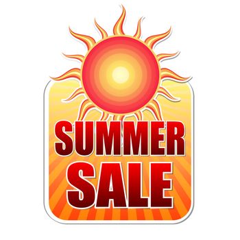 summer sale banner - text in yellow label with red sun and orange sunrays, business concept