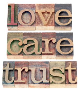 trust, love, respect words  - relationship concept  - isolated text in letterpress wood type