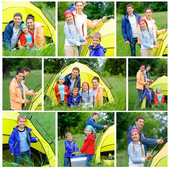 Collage of images family with three kids in tent in camping on the nature.