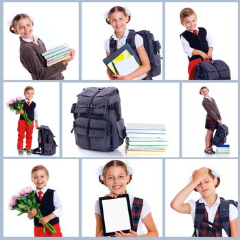 Collage of images happy schoolboy and schoolgirl with book, flower and backpack isolated on white background