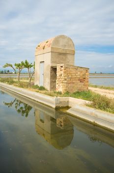 Irrigation canal through rice fields at Ebro delta, Spain