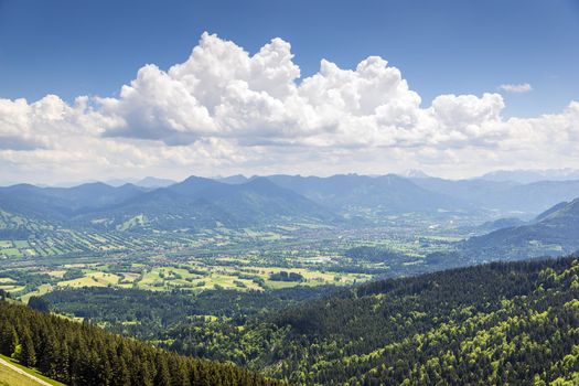 Picture of alps and valley in Bavaria, Germany on a sunny day with blue sky and white clouds