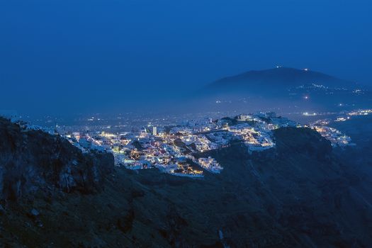 Picture of Thira on Santorini at blue night with lights