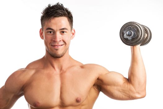 Muscular young man lifting a dumbbell over white background