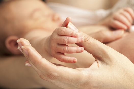 Closeup view of newborn's hand holding mother's thumb