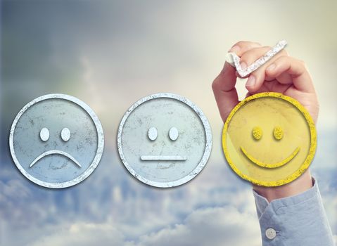 Customer satisfaction survey on sky background
