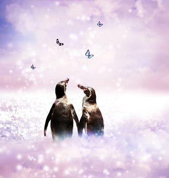 Two Penguins holding wings in a fantasy nature landscape with butterflies