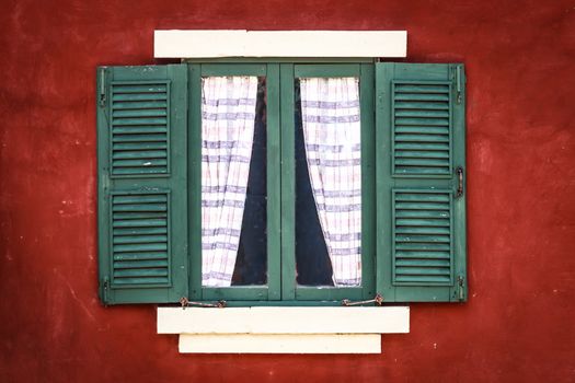 Old Green Window with Curtain on Red Wall, Vignette