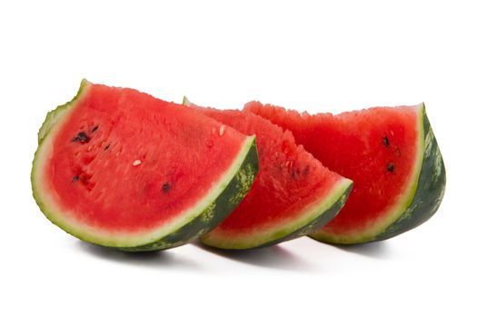 Three watermelon slices isolated on white, fresh fruit